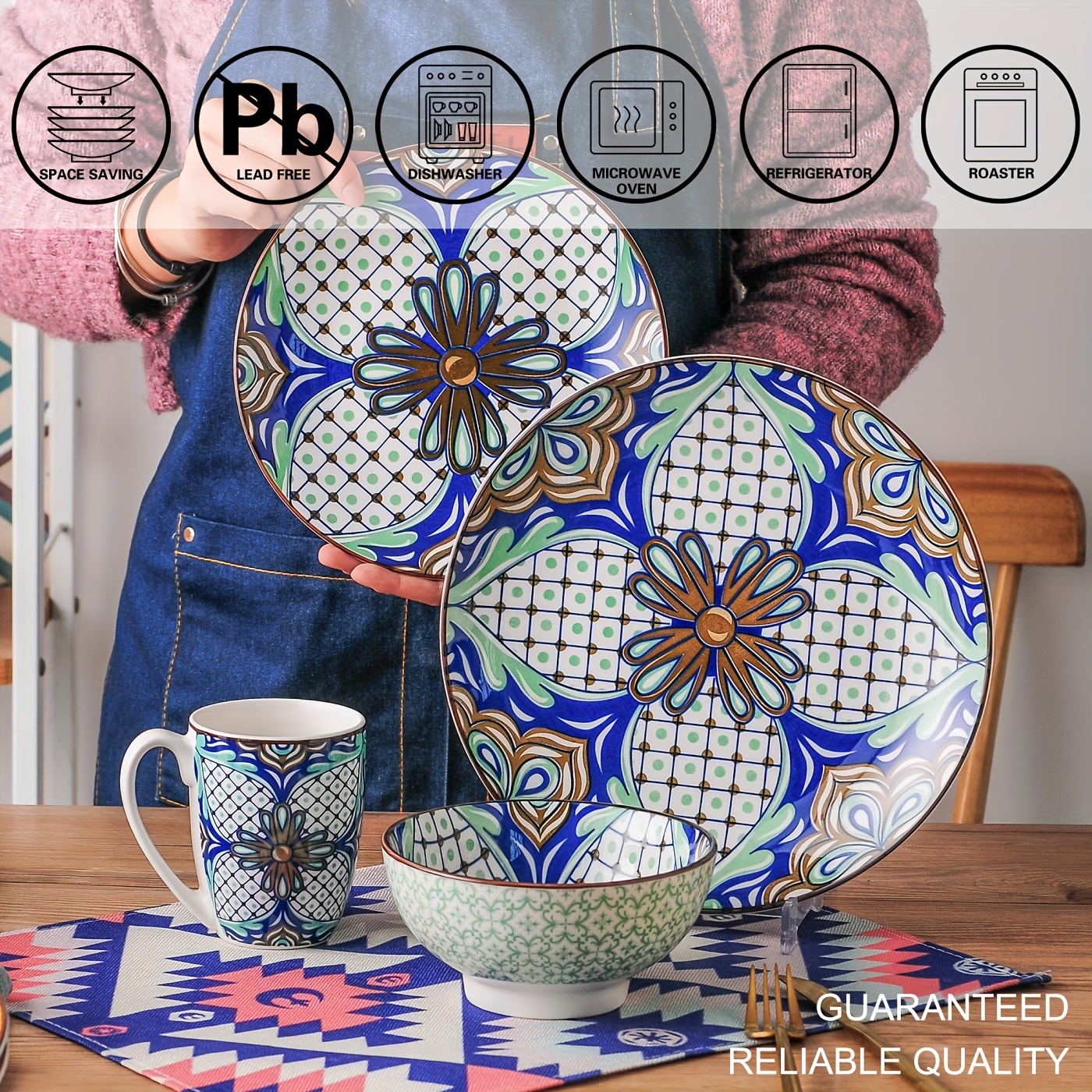 Moroccan Style Dinner Set 16 Pieces Porcelain Dinnerware Set Crockery With 10.5 Inch Dinner Plate 8 Inch Dessert Plate 23oz Bowl And 12oz Mug