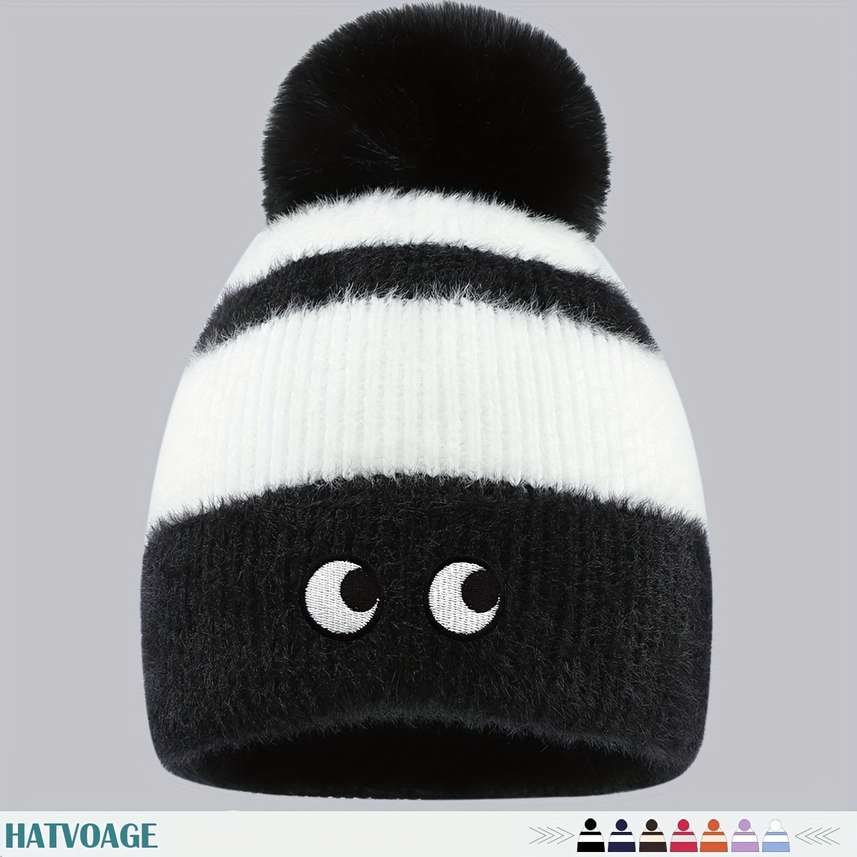 TEMU 1 pièce Bonnet d'hiver 1pc amusante - Bonnet en peluche duveteuse avec boule à yeux brodés sur le thème de Noël - Unisexe, Plusieurs couleurs