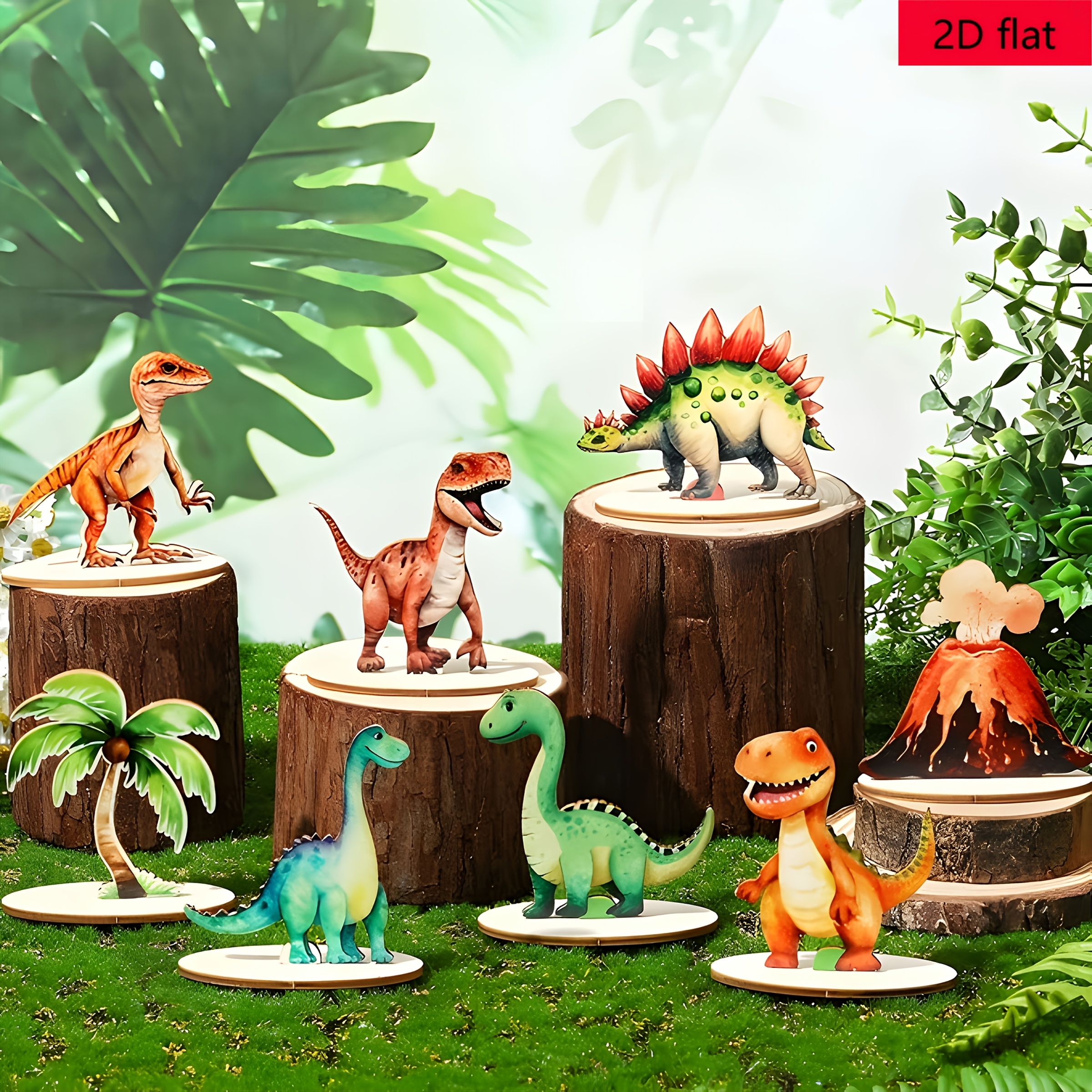 8pcs, 2dwooden Dinosaur Party Table Centerpiece, With Base Desktop Decoration, Dinosaur Wildlife Jungle Animal Theme