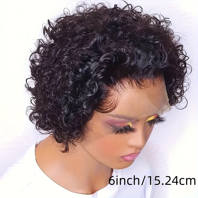 womens curly wave short cut wig 150 density human hair lace front 13x1 natural black glueless water wave suitable for african women details 3