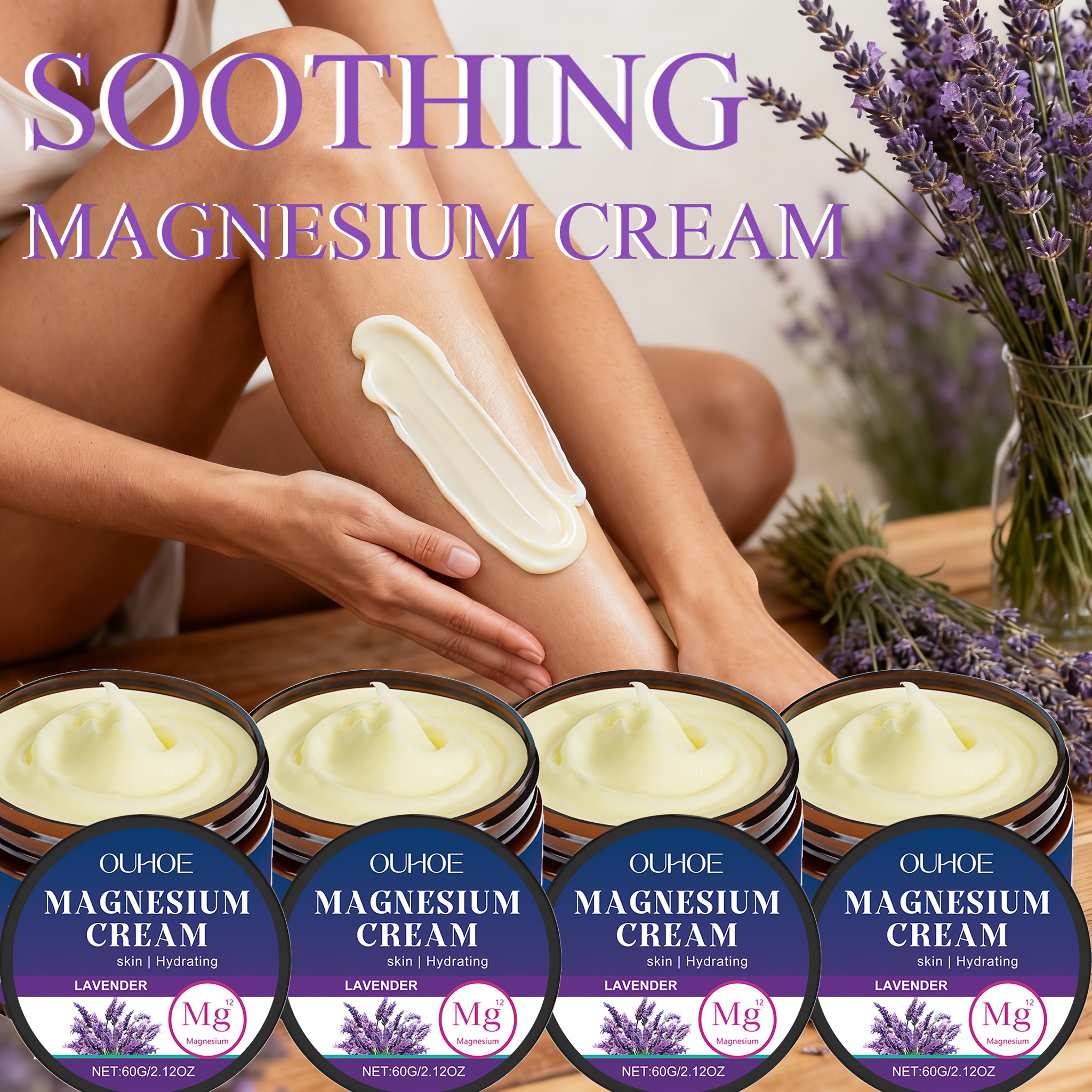 TEMU 4pcs Body Magnesium Cream 8.48oz, Containing Lavender Oil And Coconut Oil, Used For Wrist And Knee Joints. With Gentle Ingredients, Suitable For