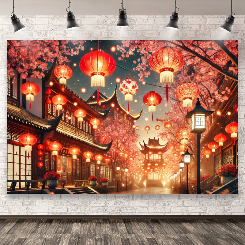 

1pc Chinese Photography Backdrop, Polyester Fiber, Traditional With Lanterns And Decor, For Studio And Home Wall Display