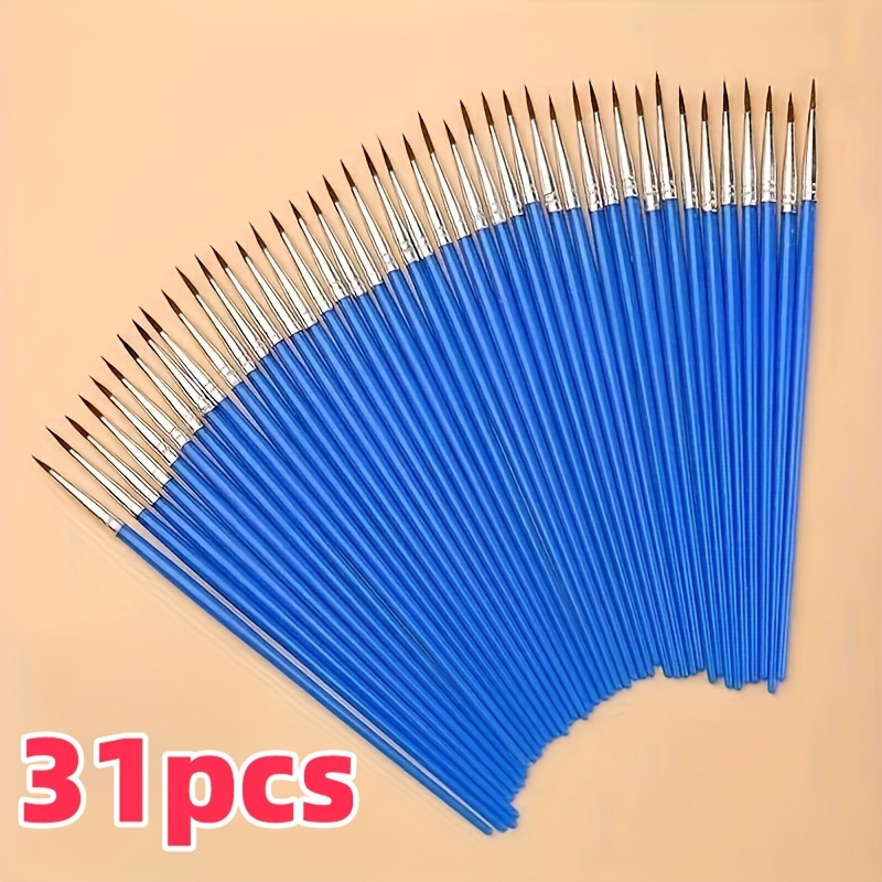 TEMU Juego de 31 pinceles de punta con cerdas de nailon lavables y mango de plástico azul, para detalladas, caligrafía, , acuarela, pintura - para