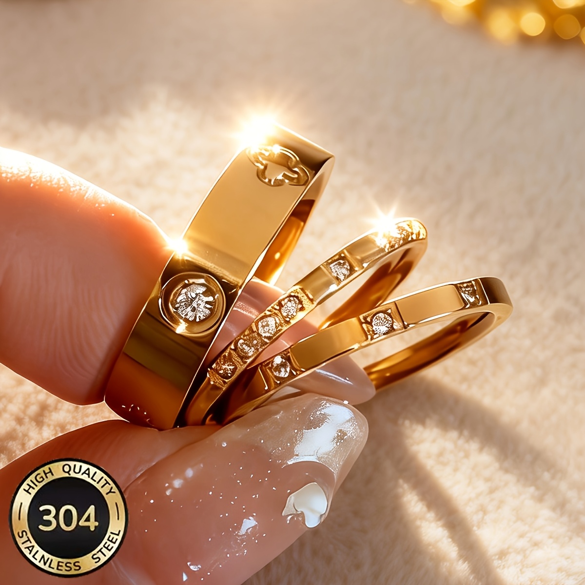 Image of 18k Gold-plated 304 Stainless Steel Women's Stackable Rings, Hypoallergenic Inlaid Flower Ring Set, Non-fading Exquisite Jewelry For Valentine's Day, Mother's Day, And Daily Wear Gift