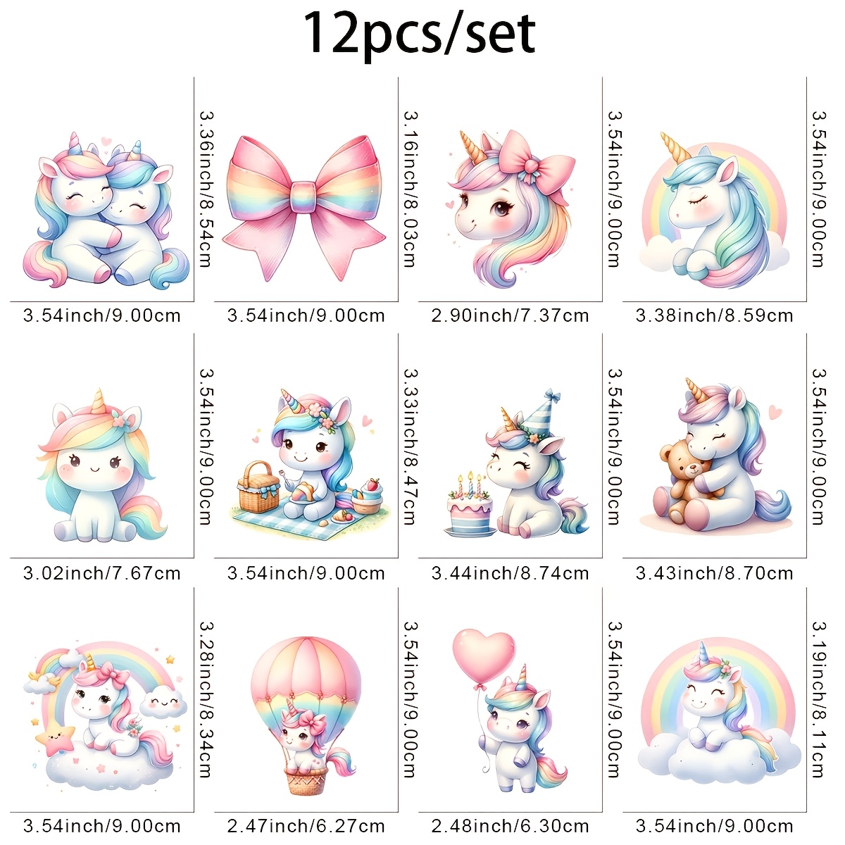 12pcs Cute Unicorn Heat Transfer Stickers - Diy Washable Iron-on Decals For T-shirts, Masks, Jeans, And Backpacks, Dtf Design
