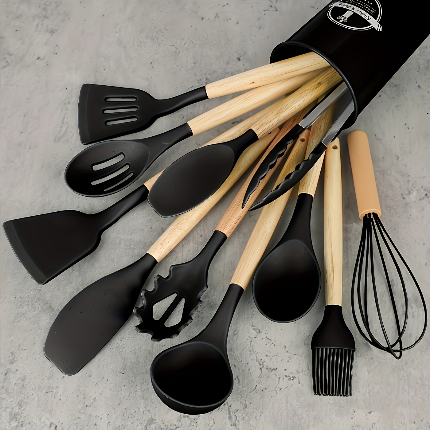 

12pcs Black Silicone Kitchen Utensil Set With Wooden Handles - Modern, & Safe Cooking Tools For Home, Dorms & Restaurants - Includes Stylish Holder, Silicone Utensils For Cooking