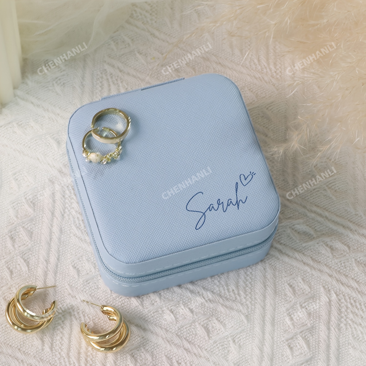 TEMU 1pc Personalized Name With Heart Blue Jewelry Box And Organizers, Zipper Closure Box, Customized Name, Bridesmaid Gift, Graduation Birthday Gift