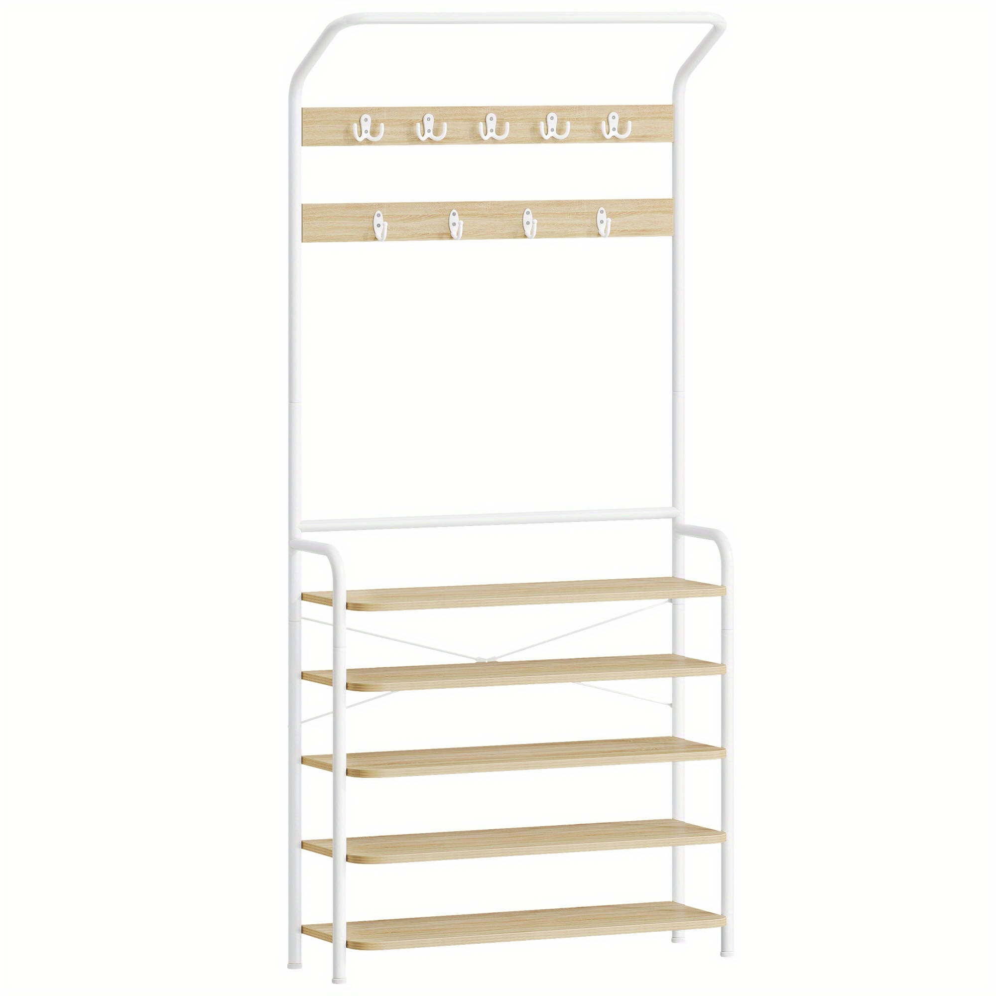 5-tier Coat Rack With Shoe Storage | Freestanding Design, 1 Clothes Rail, 9 Hooks, Oak White, 24.5 X 78.5 X 195 Cm For Hallway Entrance