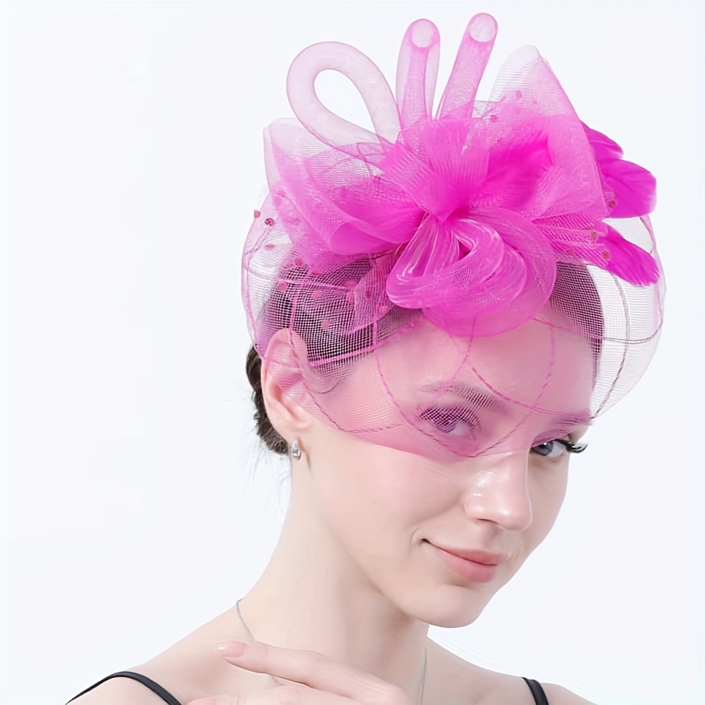 Elegant Pink Fascinator with Floral Accent Hot Pink Fascinator: Organza Flower, Feathers, and Veil  main image 4