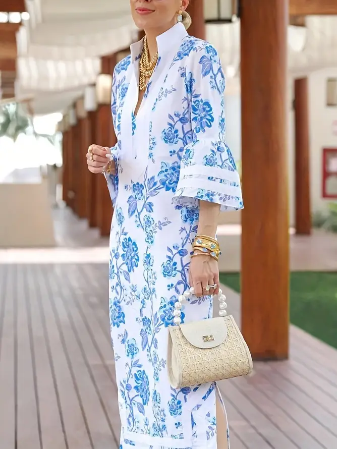 womens v neck flared sleeve h shaped split dress casual printed long skirt Product details 1