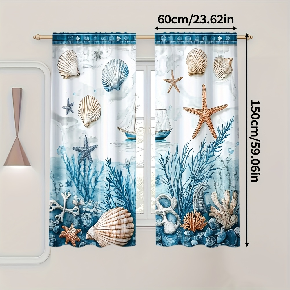 TEMU Ensemble de 2 rideaux décoratifs toutes sur le thème de la plage vintage avec des de étoiles de mer et de coquillages nautiques, fabriqués à 100