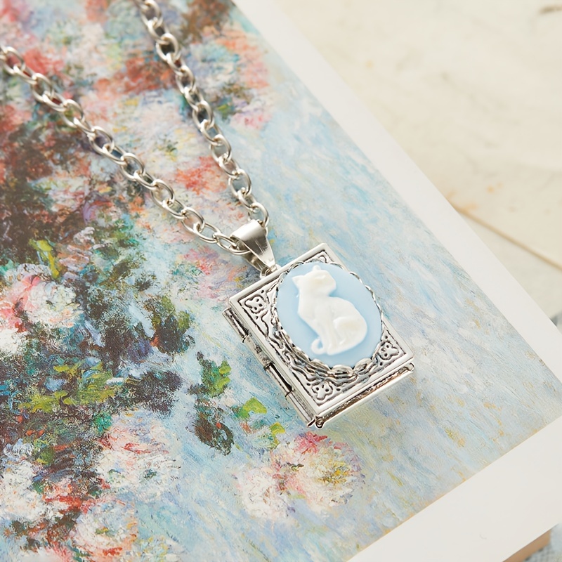 TEMU 1pc Blue Cat Cameo Book Locket Necklace, Blue And White, Cat Keepsake