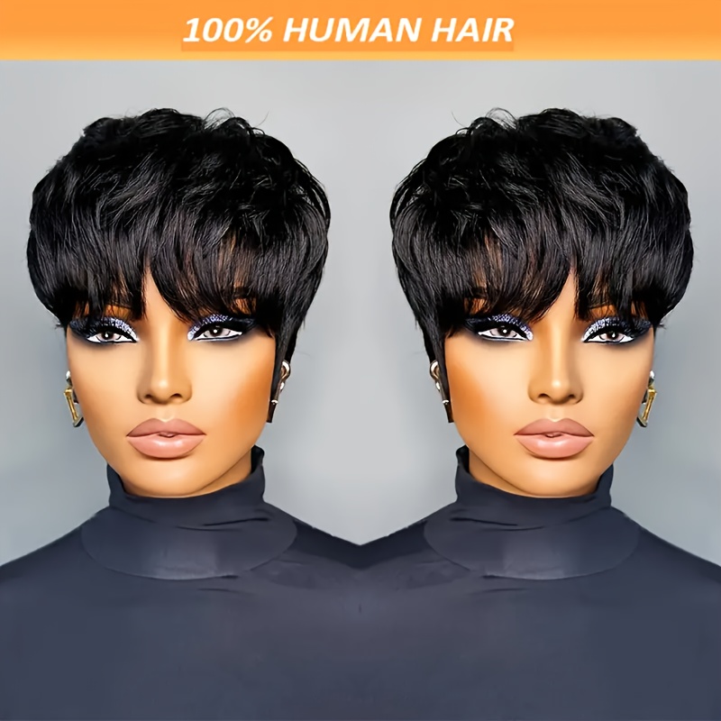 

Layered Cut Wig For Women: 100% Virgin Human Hair, Straight Style, Machine Made With Cap, 180% Density, Glueless 6 Inch Black Wig, For