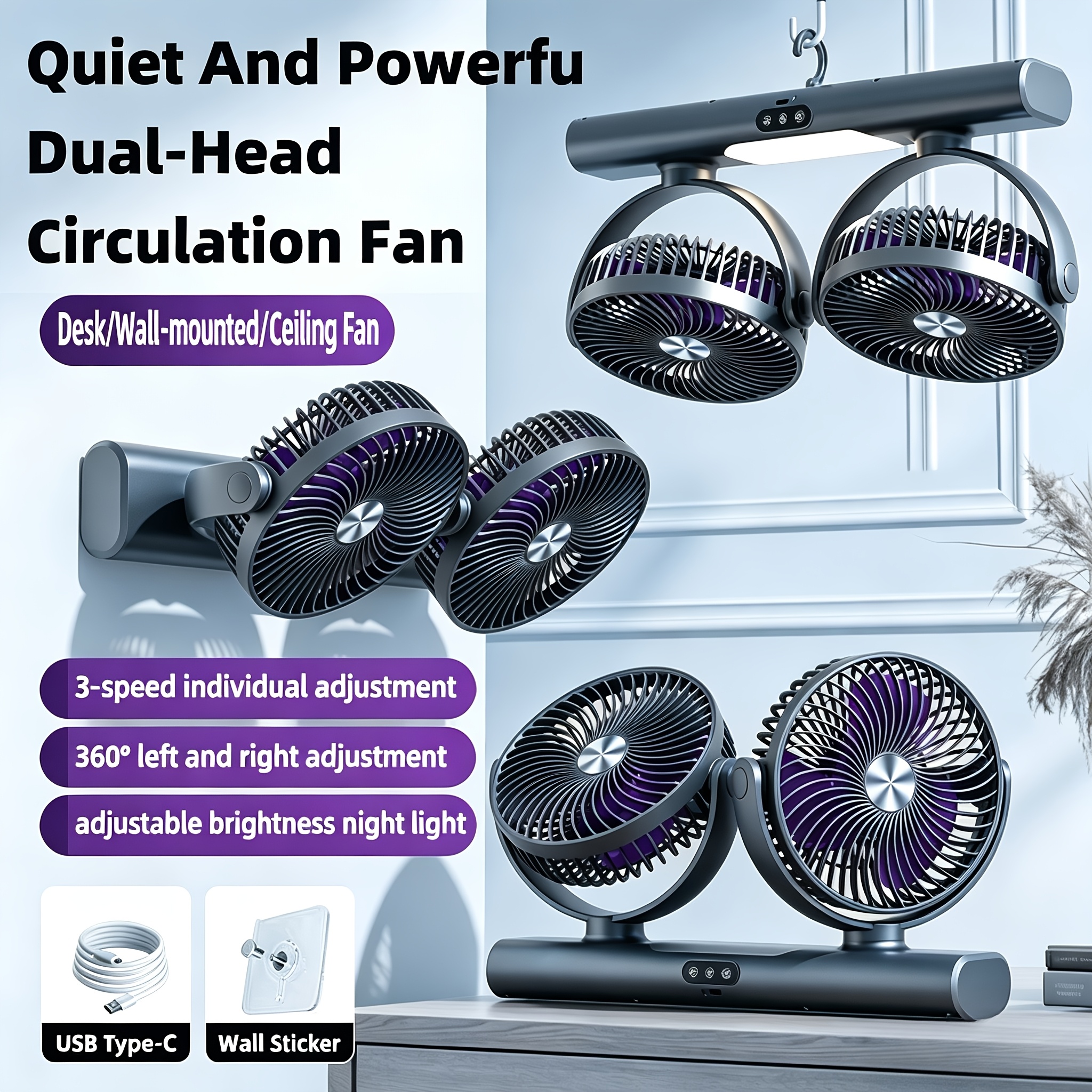 Portable Usb- Ceiling/wall Fan With Night Light - 3-speed , Multi-angle Air Circulation Suitable For Home, Office, Dorm, Usb Desktop Cooling System For Bedroom, For Camping And For Small Spaces