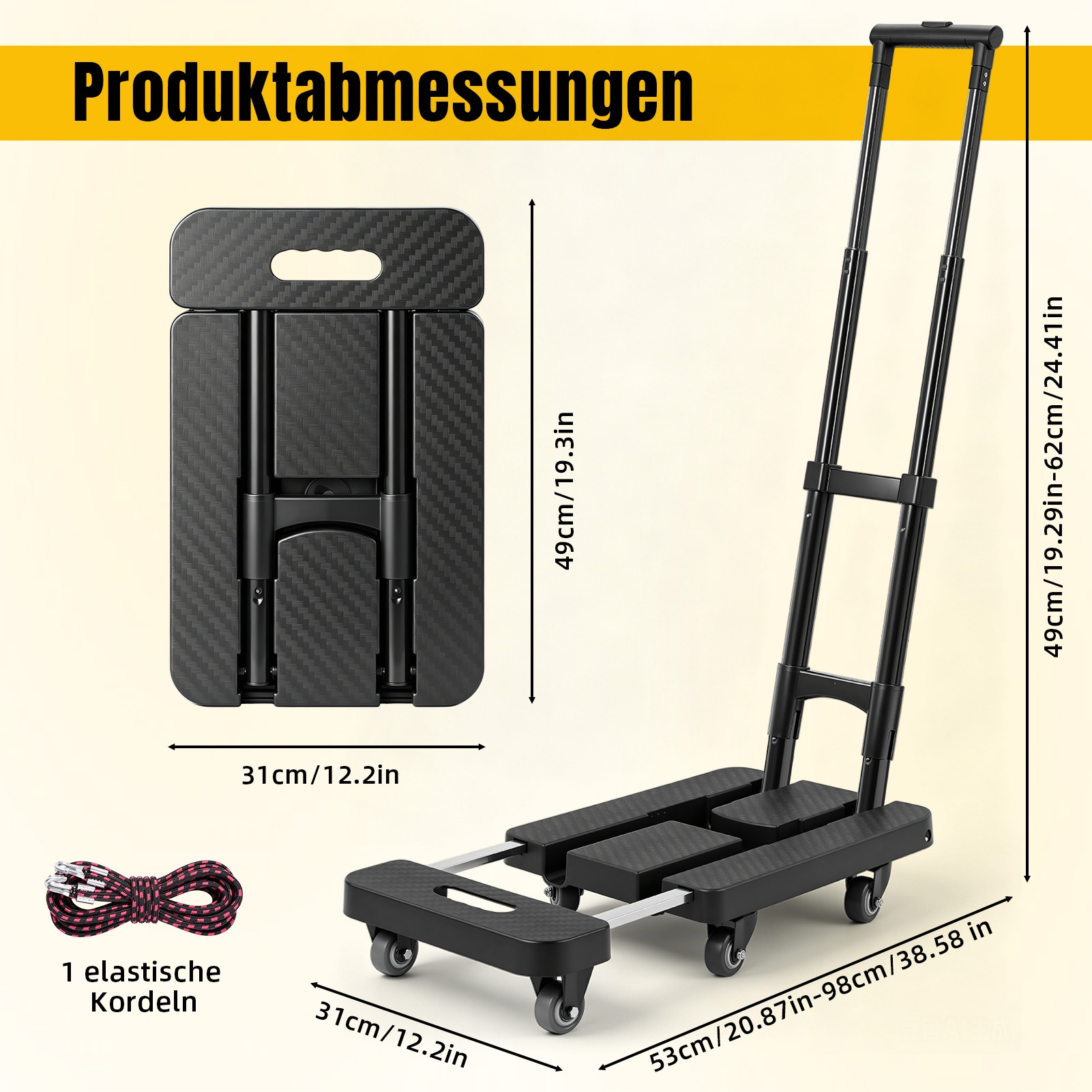 Image of Folding Trolley On Wheels, 225kg Heavy Duty Extendable Sack Truck/sack With 6 Wheels (2 With Brake) & 1 Elastic Straps - Compact For Moving, Luggage, Garden Plants, Camping ()