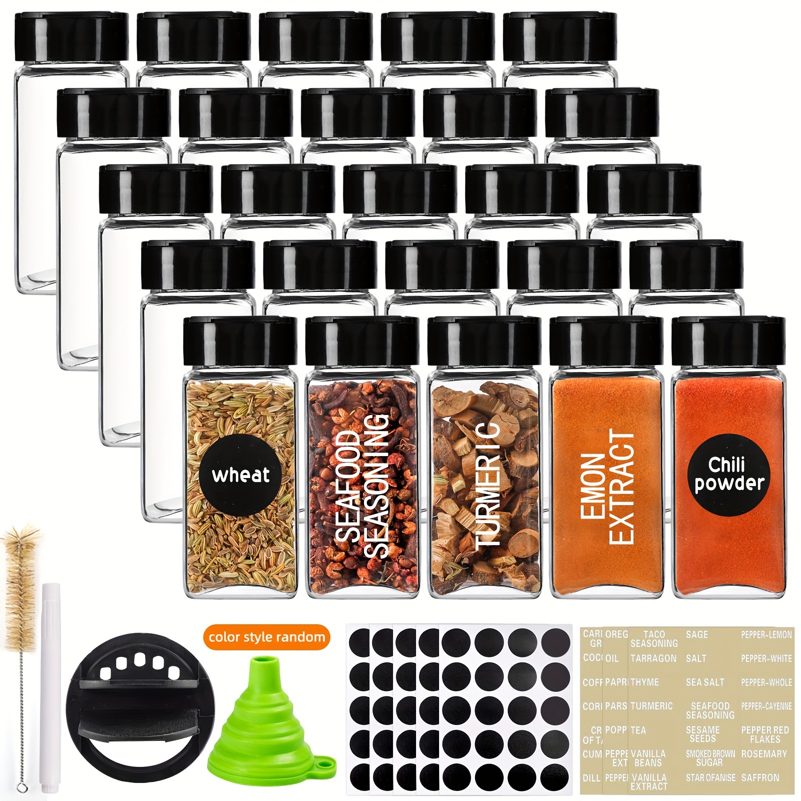 

25 Pcs Glass Spice Jars With Labels, 4oz Square Seasoning Jars With Black Lids For Spice, Silicone Collapsible Funnel, Brush And Chalk Marker Included