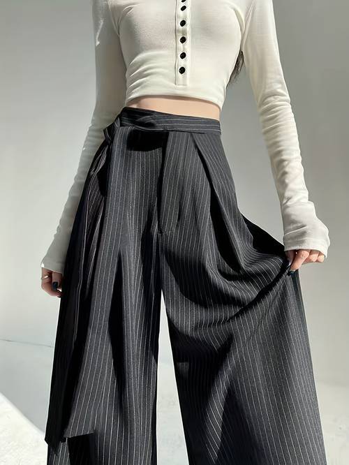 öğe resmi kadınlar için vintage çizgili geniş paça pantolon, tasarımcı bağcıklı kayışlı, yüksek bel, akıcı, düz paça, yere uzun yazlık pantolon