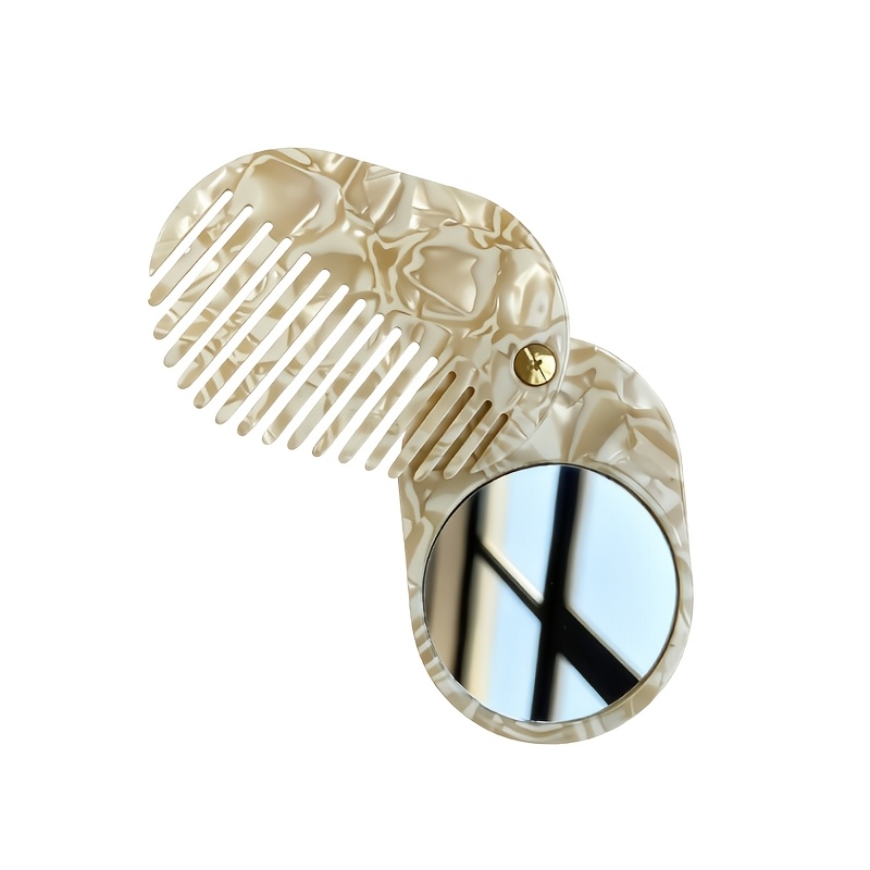 TEMU 2-in-1 Folding Mirror Comb & Sliding Cover Hair Comb Suitable For Travel, Portable Wide-tooth Detangling With Acetate Board & Sliding Mirror