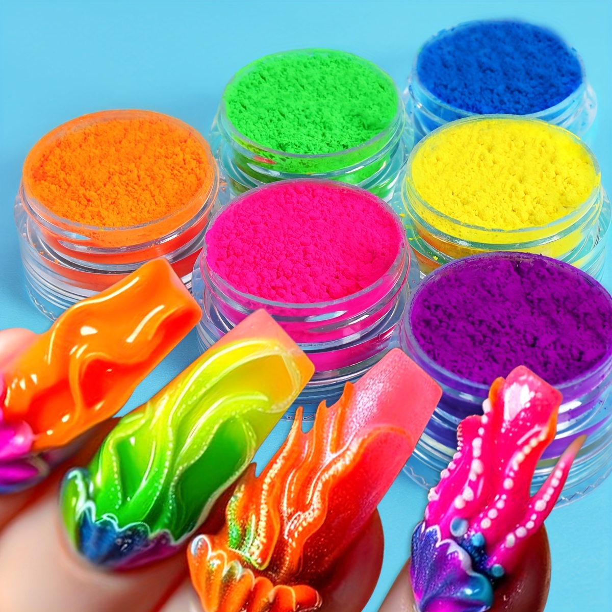 

6-color Neon Dip Powder Set For Nails, Fluorescent Chrome Nail Art Pigment, Multicolor Gradient Design, Unscented, Diy Manicure Decorations
