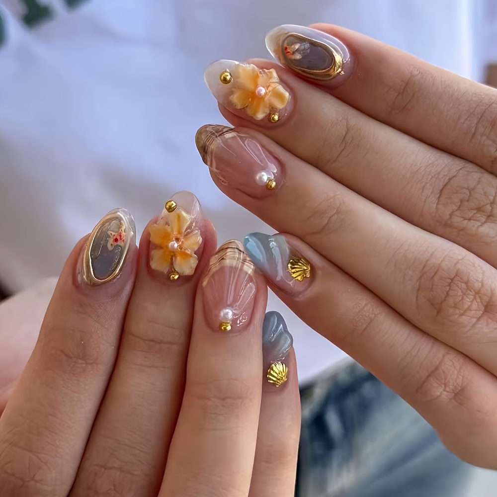 TEMU 24pcs Short Oval Nails, Nude Sheer Pink Gray Blue Contrast, 3d Carved With Pearls And , Sweet And . / Style, Individual 3d , , Versatile For