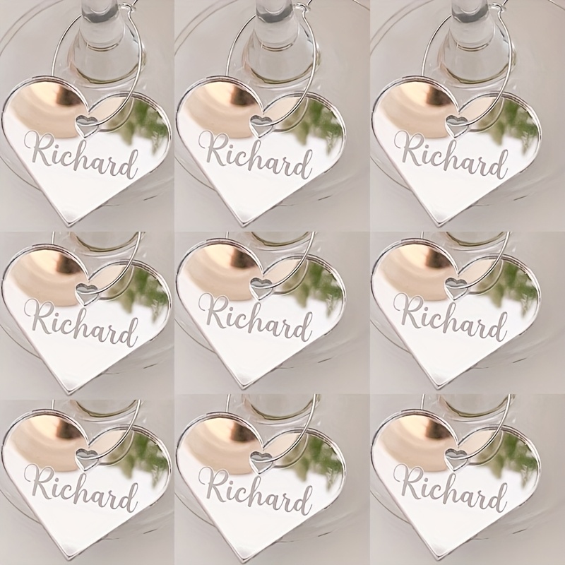 TEMU 9pcs Custom Heart Acrylic Mirror Drink Tags With Personalized Text, Party Favor Cards For Weddings