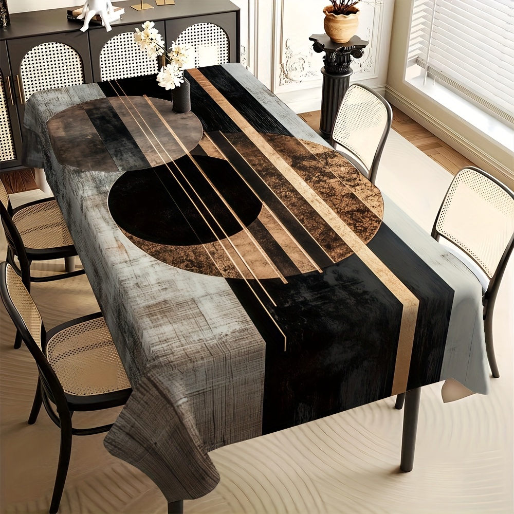 TEMU 2d Flat Party Tablecover, 1pc, Elegant Black, Brown And Beige Abstract Print Tablecloth - Rectangular Table Topper With Golden Accents, Suitable