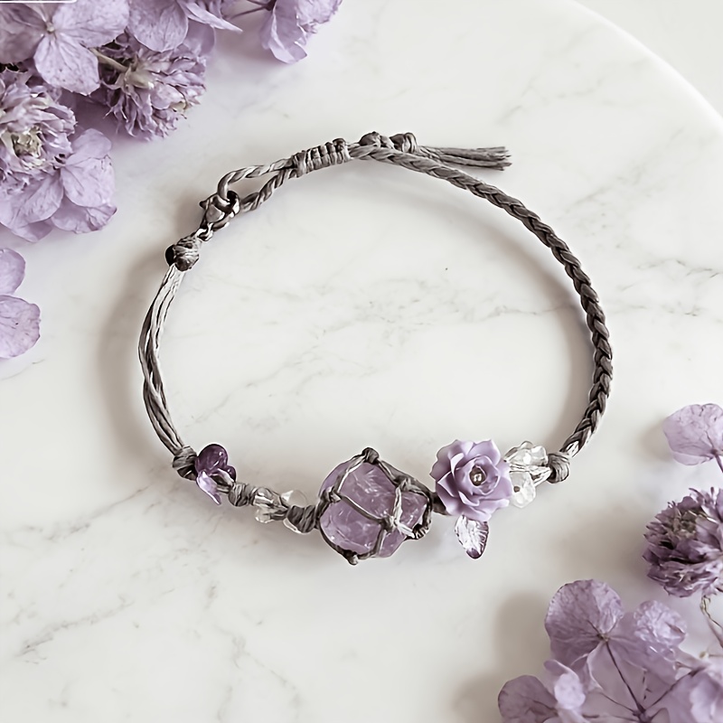 Image of 1pc Bohemian Style Handmade Natural Amethyst Women's Bracelet, Adjustable Purple Rose Braided Cord Bracelet, Crystal Jewelry, Vintage Bohemian Beach Bracelet, For Her, And Daily Wear Accessory, Rose