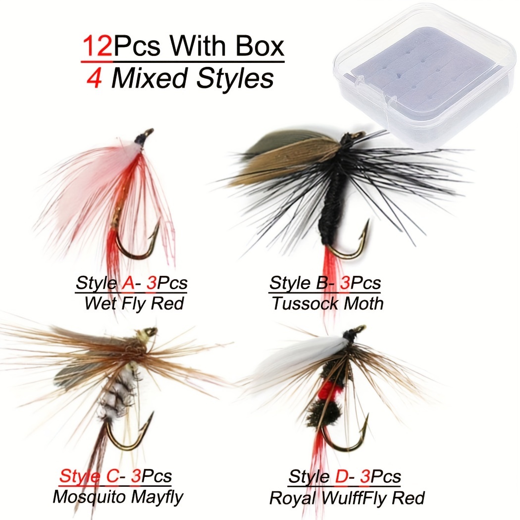 12pcs/box Fly Fishing Bait Nymph Dry Wet Flies Bionic Bait Fly Trout Fishing Lures 4 Mixed Styles Material Rayon