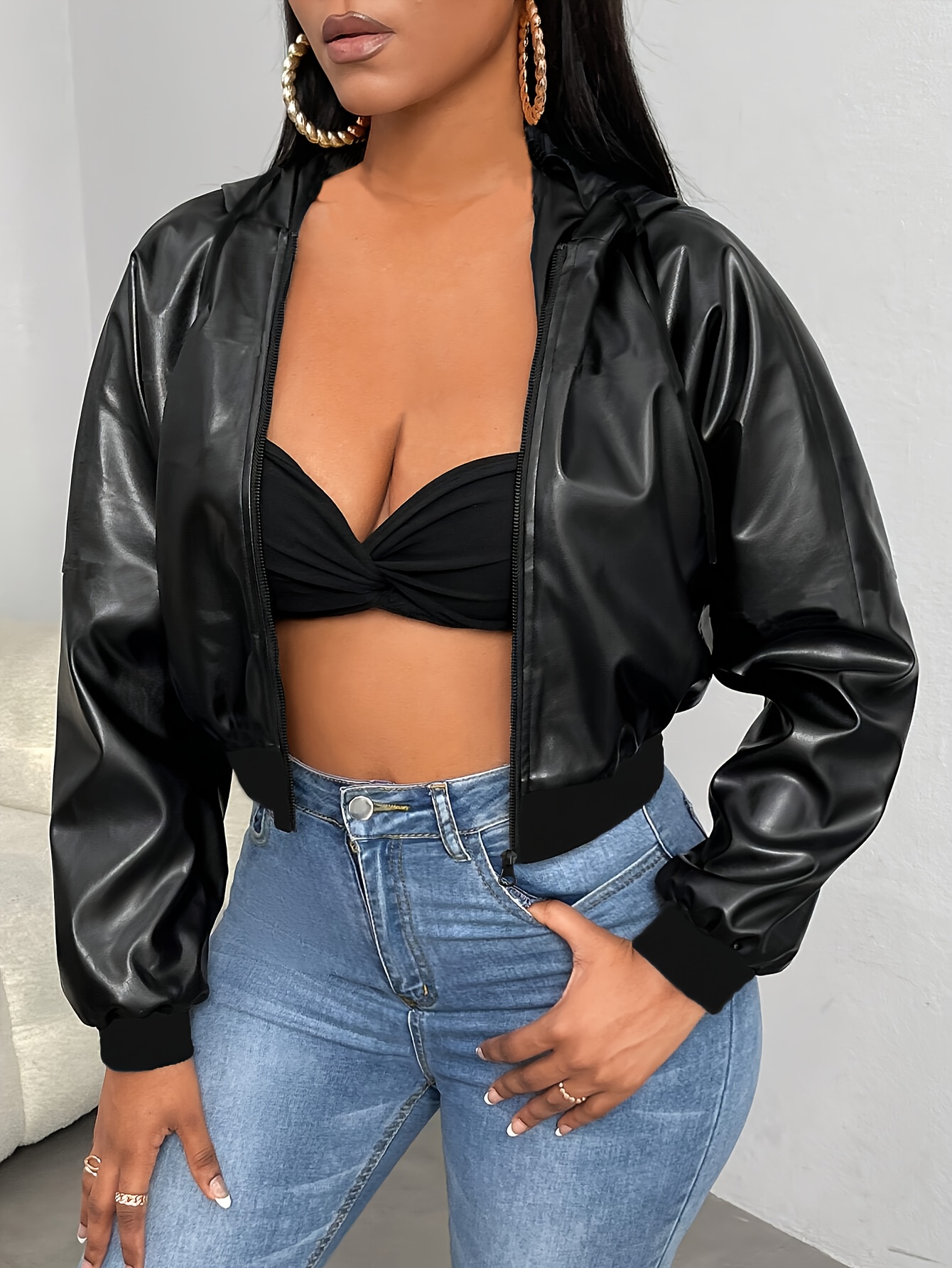 womens short hooded jacket full zip closure black glossy - Temu