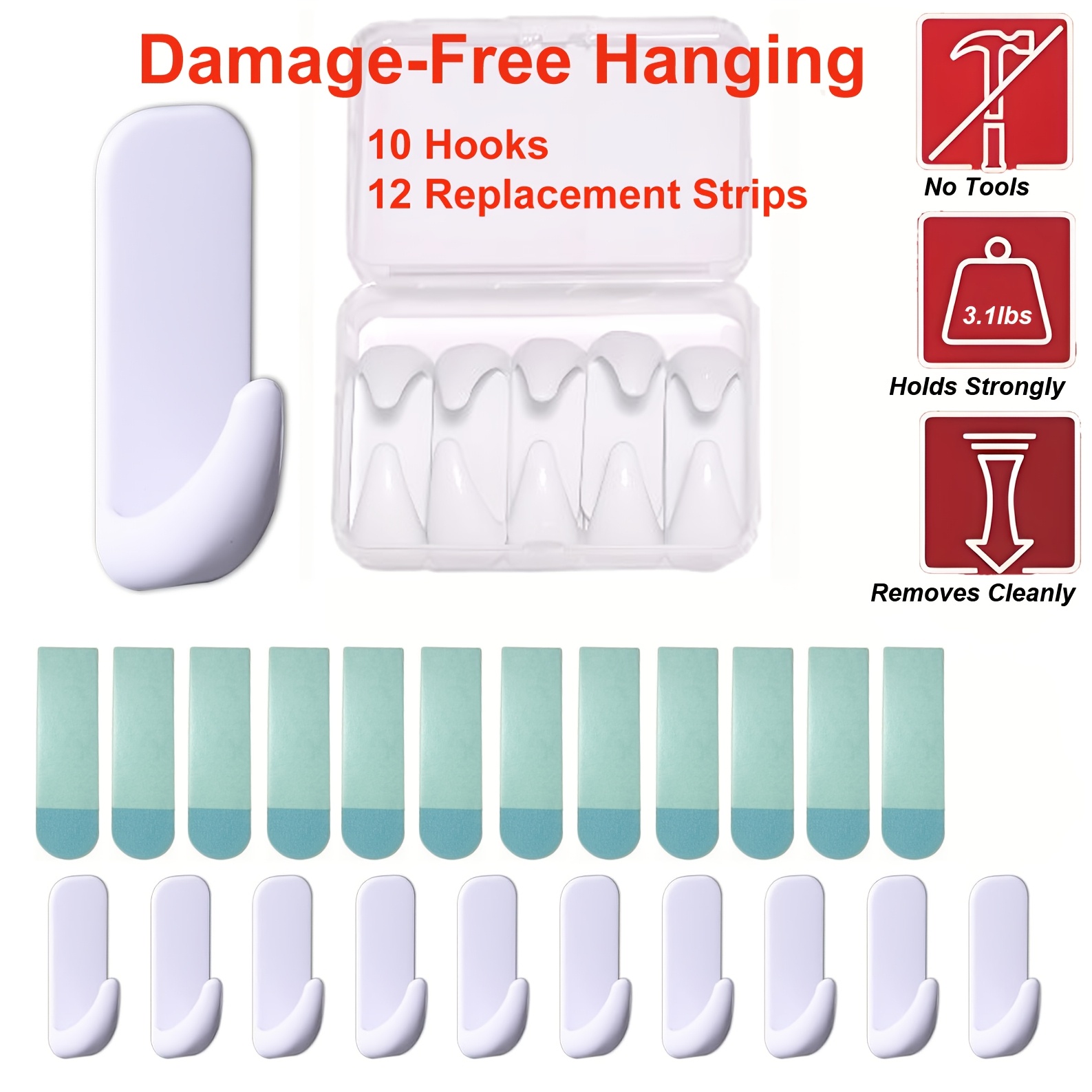 

- -free Hanging, Removable Adhesive For Hanging Accessories, , , , Bathroom - No Required, -removal, 10 12 Strips