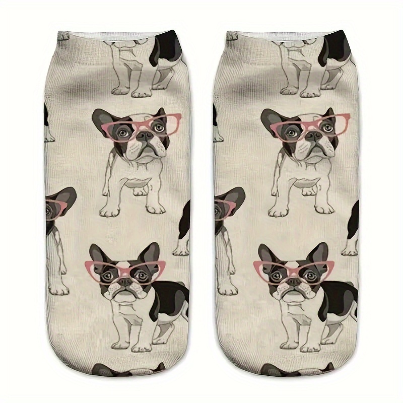 

Chic French Bulldog With Glasses Print Socks, Knit Fabric, 's Gift, Women's Fashion Accessory