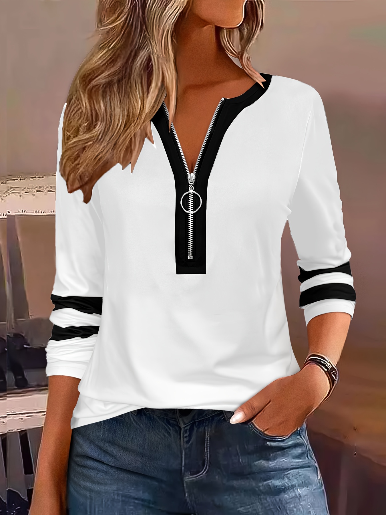 womens   and   block v neck long sleeve t shirt with zipper  l casual yet elegant   spring and fall casual wear   tee zipper   Product details 5