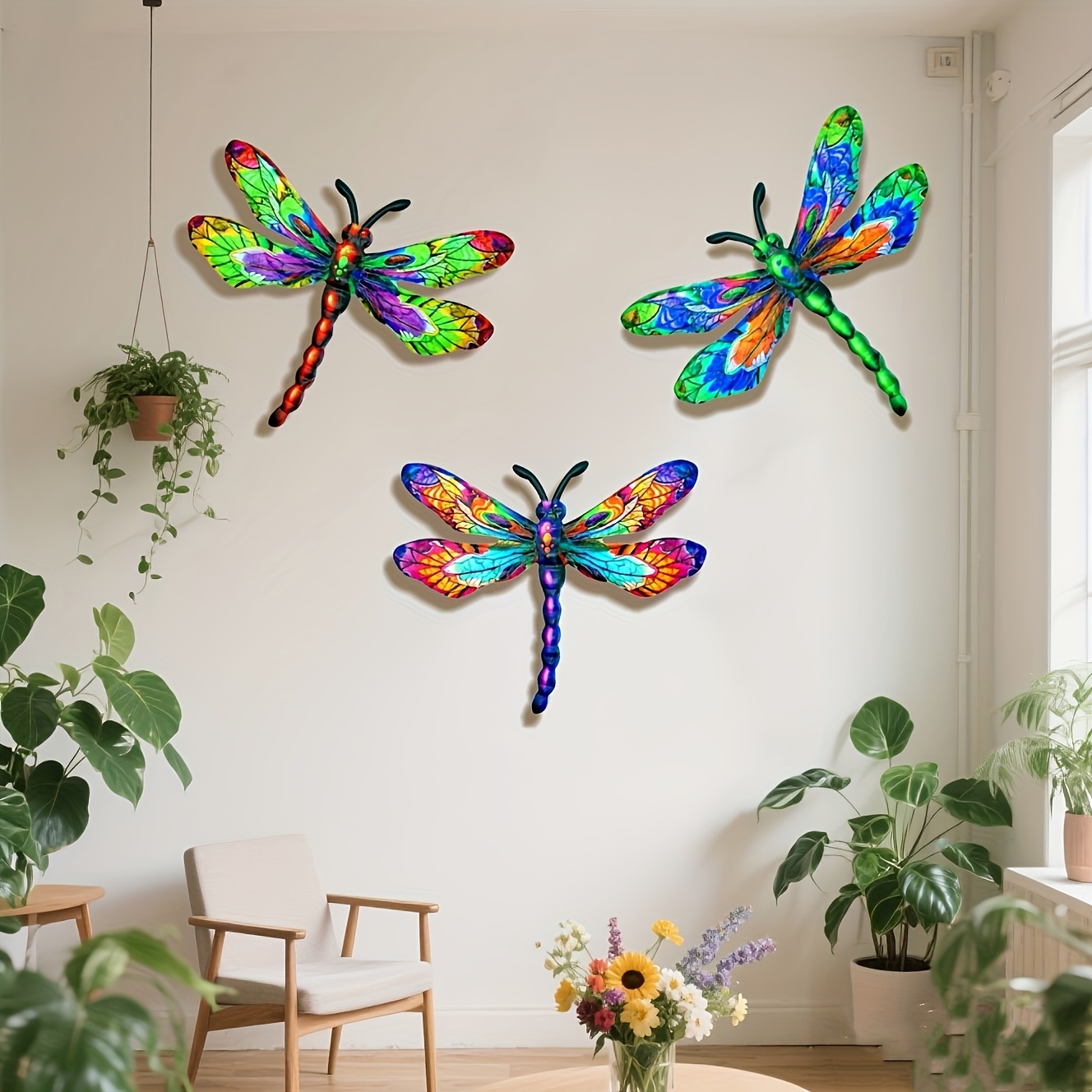 TEMU 3 piezas de colorida decoración de pared de libélulas de metal, adornos de hierro adecuados para jardines, patios, salas de estar, dormitorios,