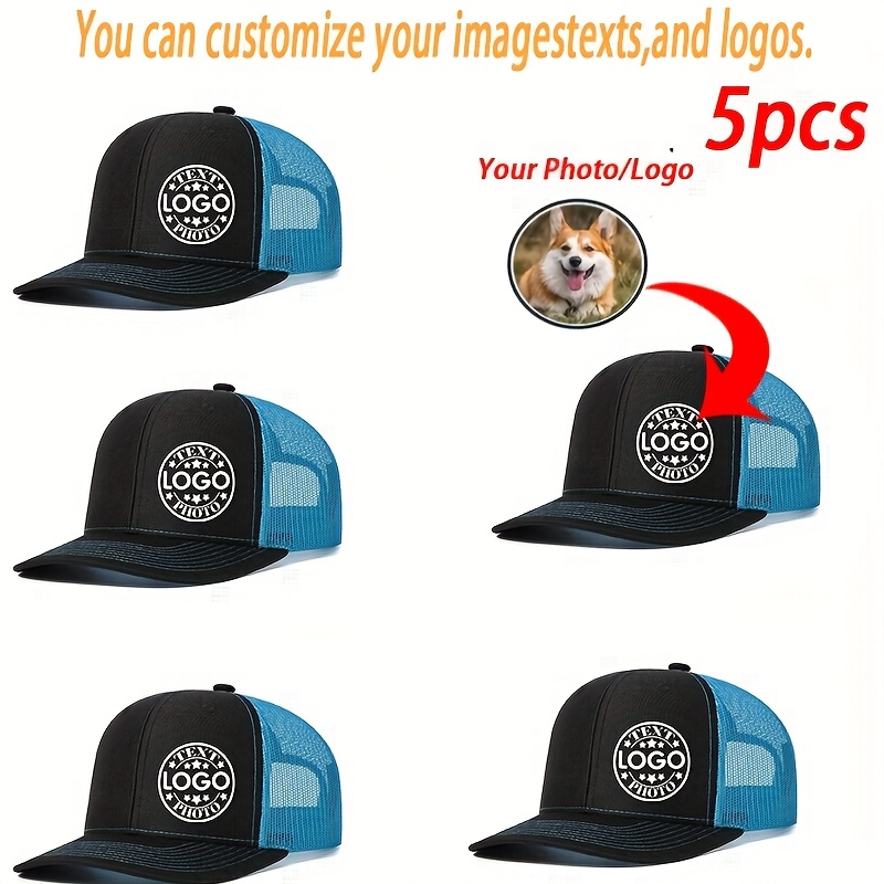 TEMU Ensemble de 5 casquettes de à logo personnalisé, bonnets unisexes en respirante avec sangle arrière réglable, robuste pour extérieur, cadeau