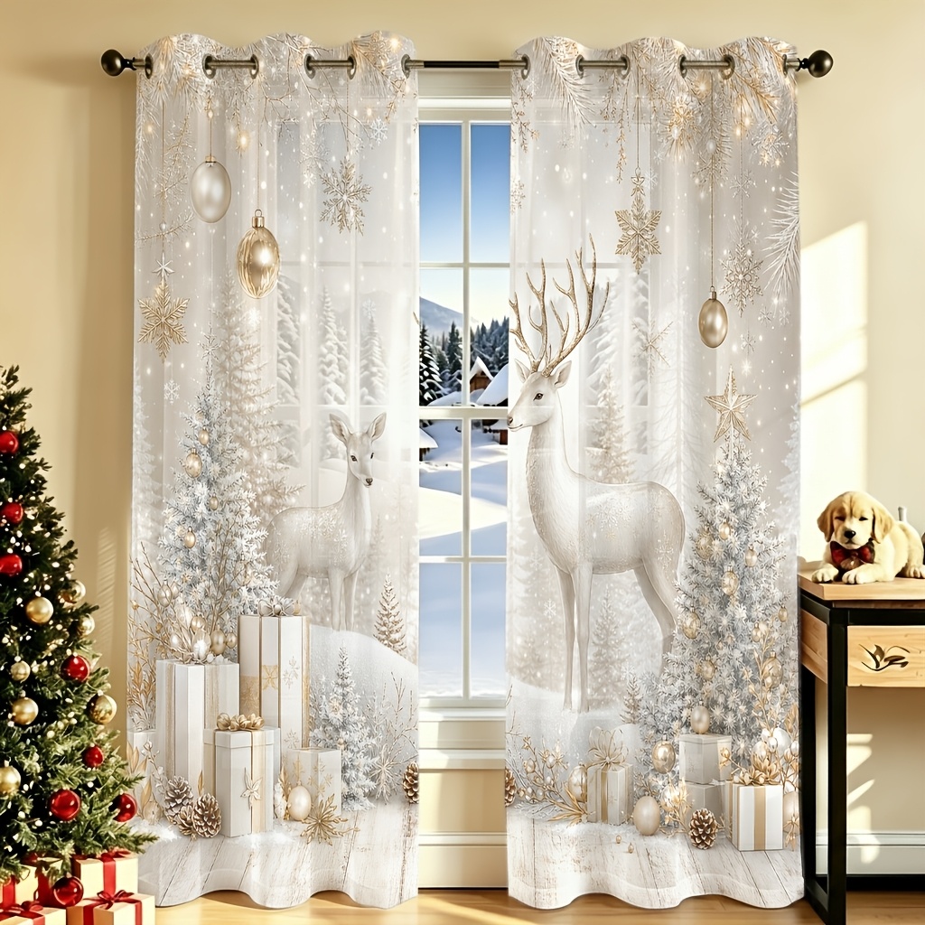 Image of 2d Flat, 2d Flat 2pcs Christmas Winter Scene With Deer Trees Snowflakes Festive Ornaments Holiday Window Curtains For Living Room Bedroom Kitchen Home Decor, 2d Flat