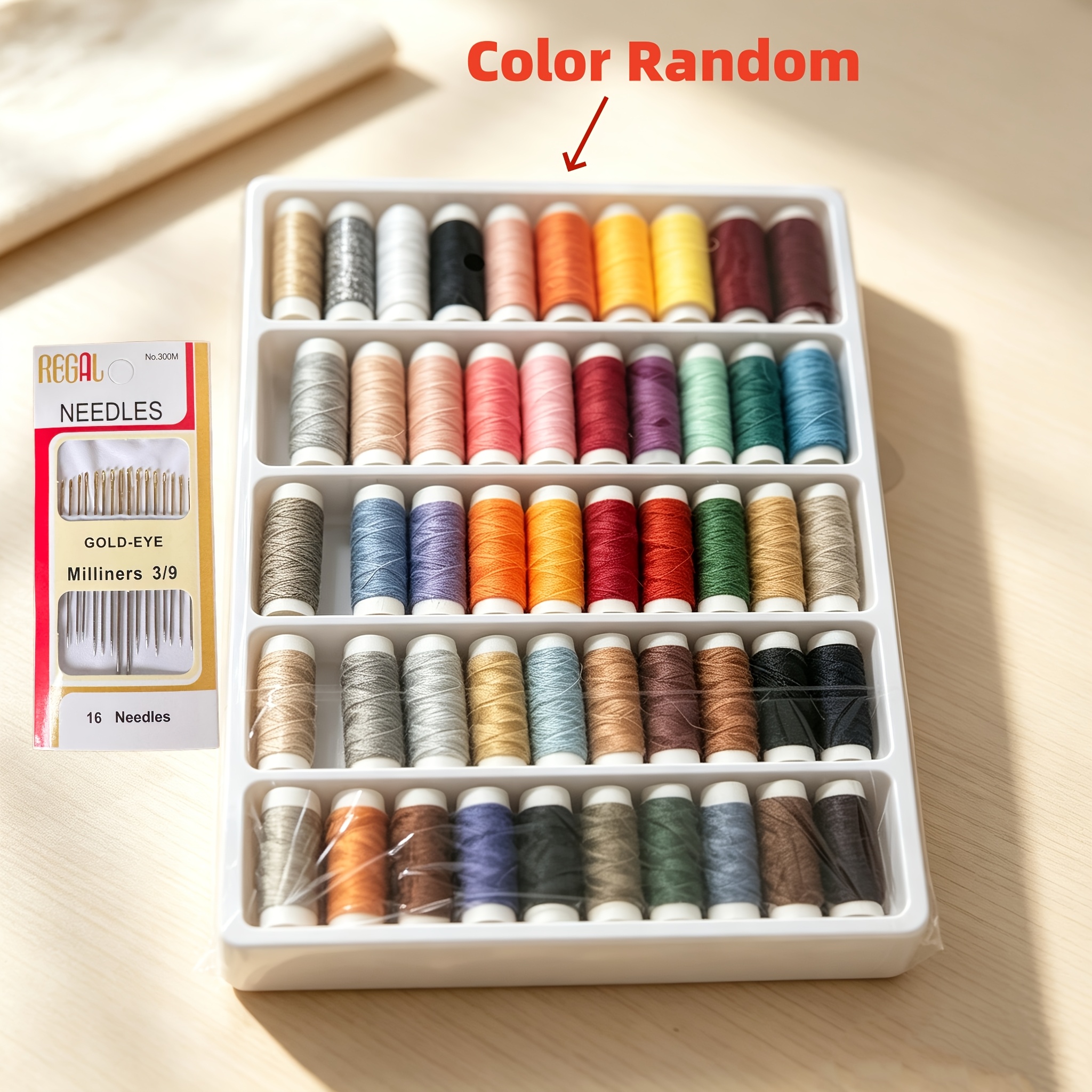 TEMU Ensemble de 50 couleurs de fil à coudre et 16 aiguilles, couleur aléatoire, fibre de polyester haute résistance, à la décoloration et aux