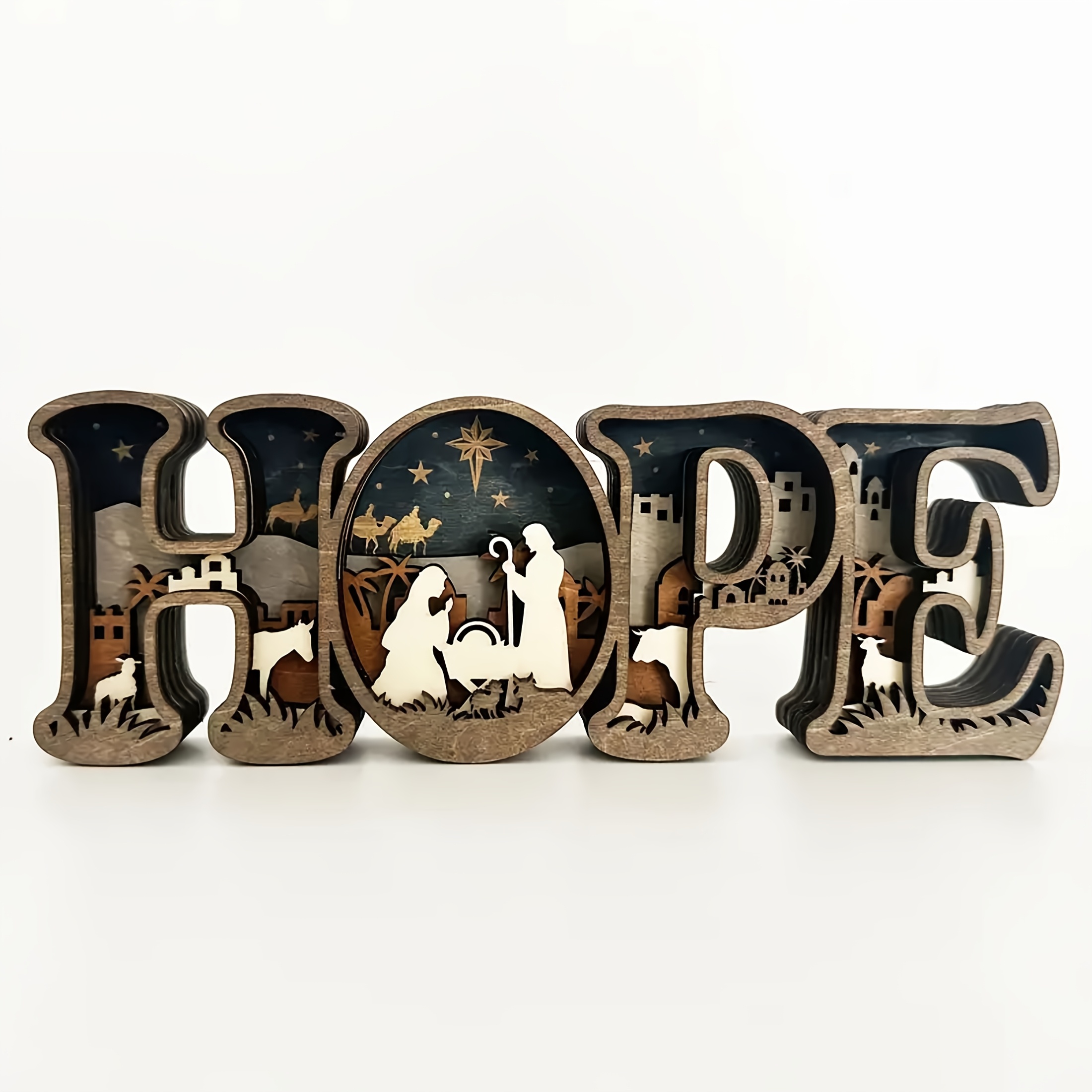 TEMU Wooden Christmas Nativity Scene ' ' Letter Decoration Sign, 3d Carved Wooden Religious Tabletop Decor, Suitable For Home And Office, Advent