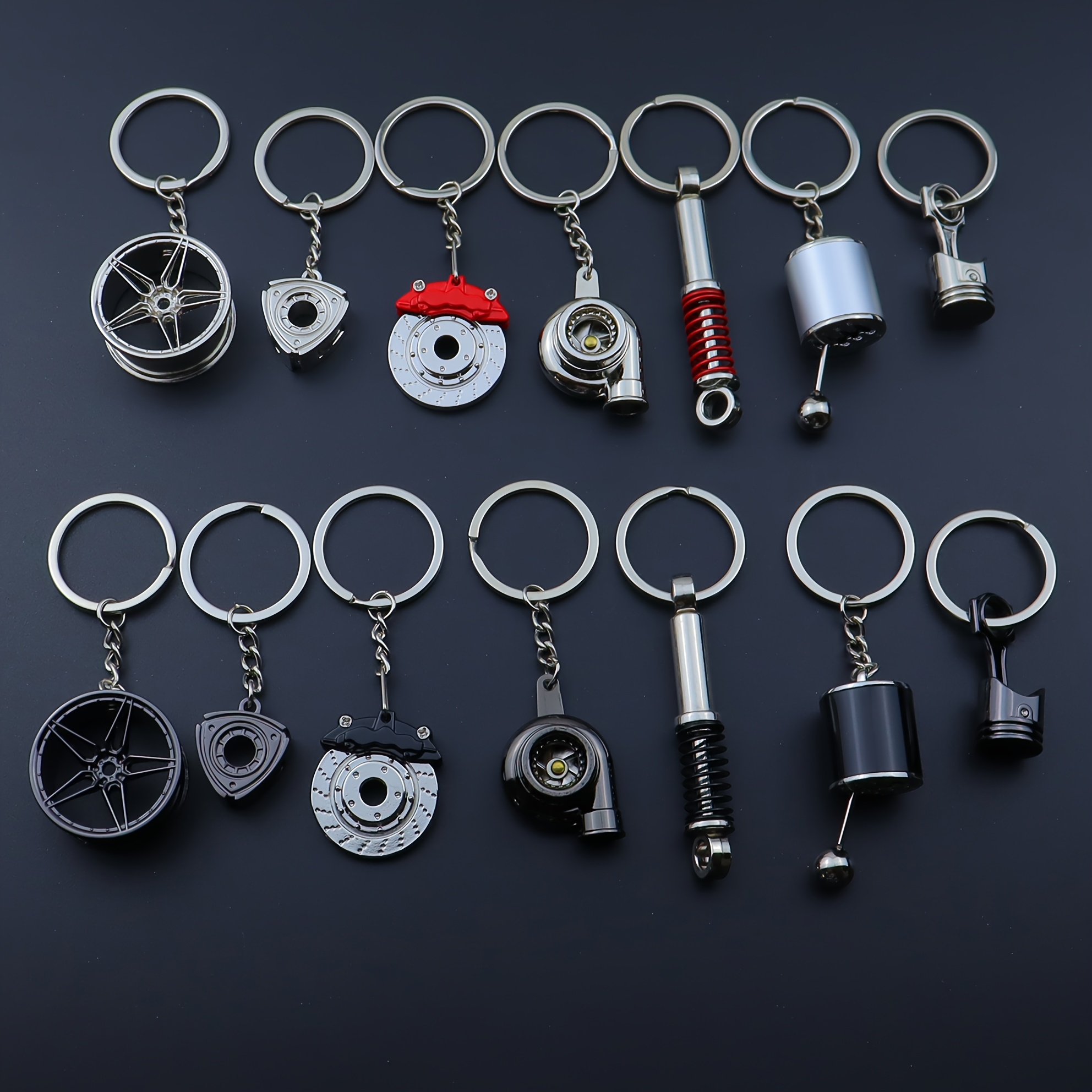 

7pcs Turbotech Creative Car Modification Keychain Set, Zinc Alloy Piston, Turbo, Wheel , Gear Shift, , Brake Disc, And Rotary Keychains, Fashionable Automotive Key Rings, Gift Keychains For Men