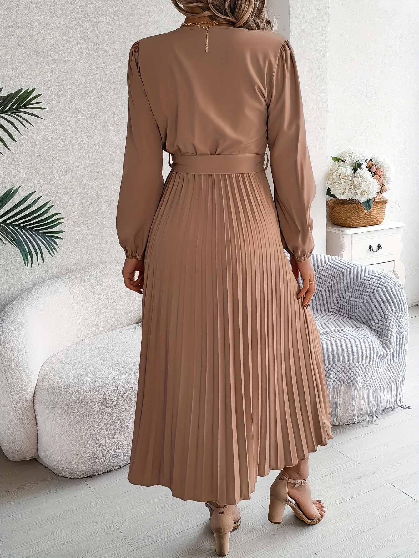 fall winter vacation button v neck long sleeve pleated skirt - Temu