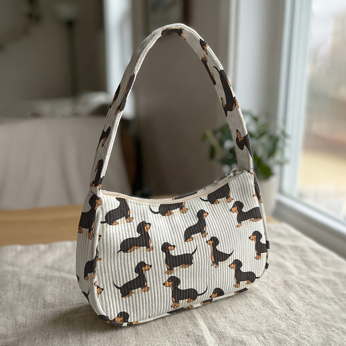 TEMU 1pc, Dachshund Puppy Pattern Printed Single-shoulder Bag, Corduroy Underarm Bag, Retro Style, Suitable For Daily Commuting, Dates, Shopping, And