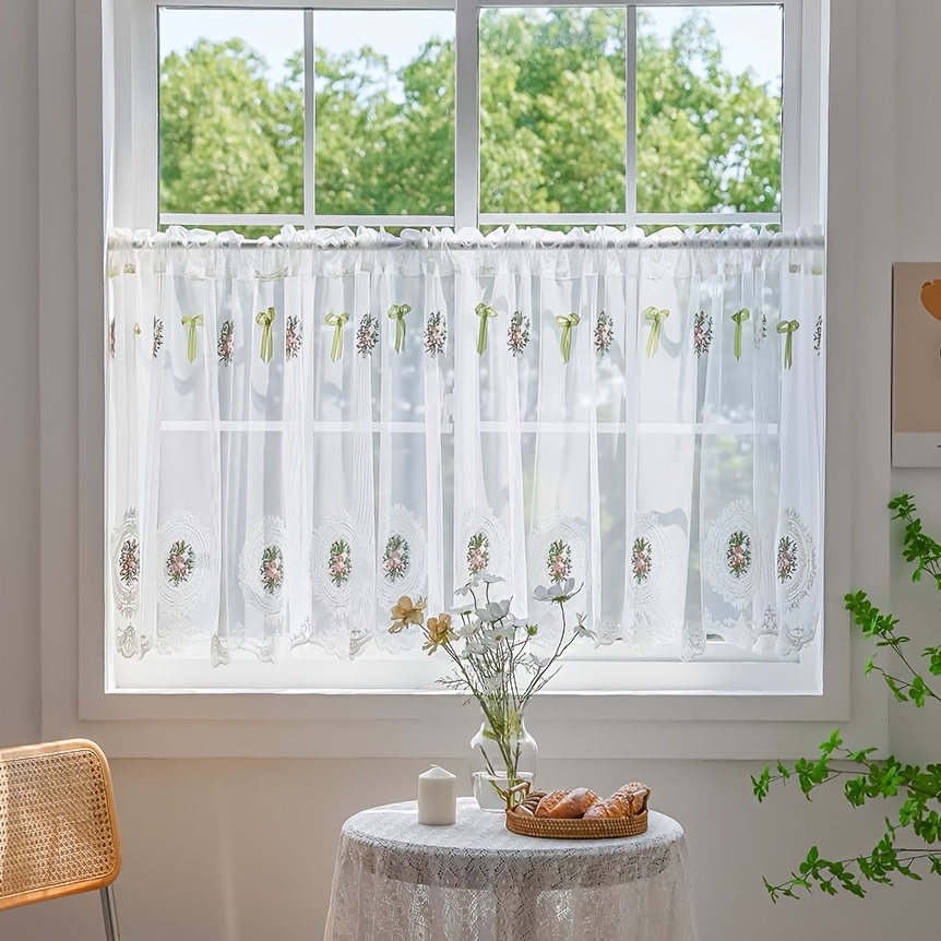 Image of French Retro Lace Door Curtain Classical Sheer Curtain Half Curtain Window Curtain Translucent Sheer Shui Curtain Rod Blocking Curtain