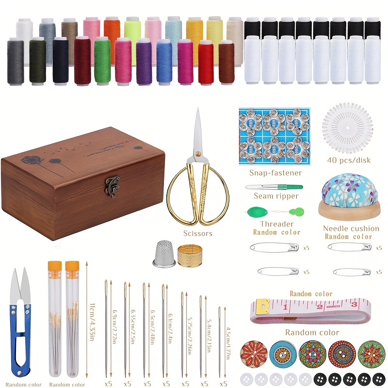 TEMU Kit de couture, boîte à couture en bois, fournitures de couture pour et réparations d' de vêtements, accessoires de bricolage avec fil, ciseaux,
