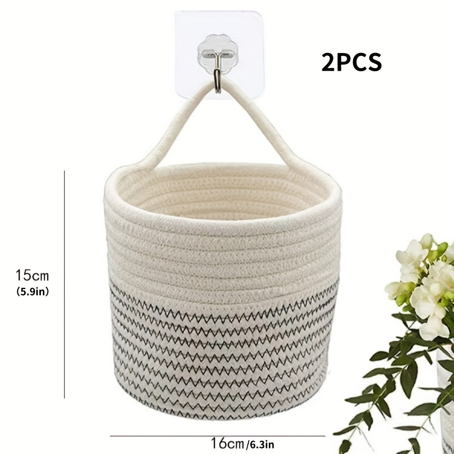 Image of 2pcs Versatile Handmade Woven Hanging Storage Basket - Perfect For Plants, Toys And Decor, Wall-mounted Organizer For Bedroom, Bathroom, Kitchen, Office And Living Room, Shelf Baskets
