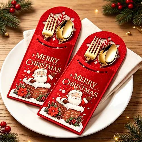imagen del artículo juego de 10 bolsas de fieltro para cubiertos con decoraciones recortadas de de nieve - engrosadas, adecuadas para de mesa de fiestas de navidad y , para restaurantes, hoteles, decoraciones de mesa festivas, regalo para almacenamiento de utensilios