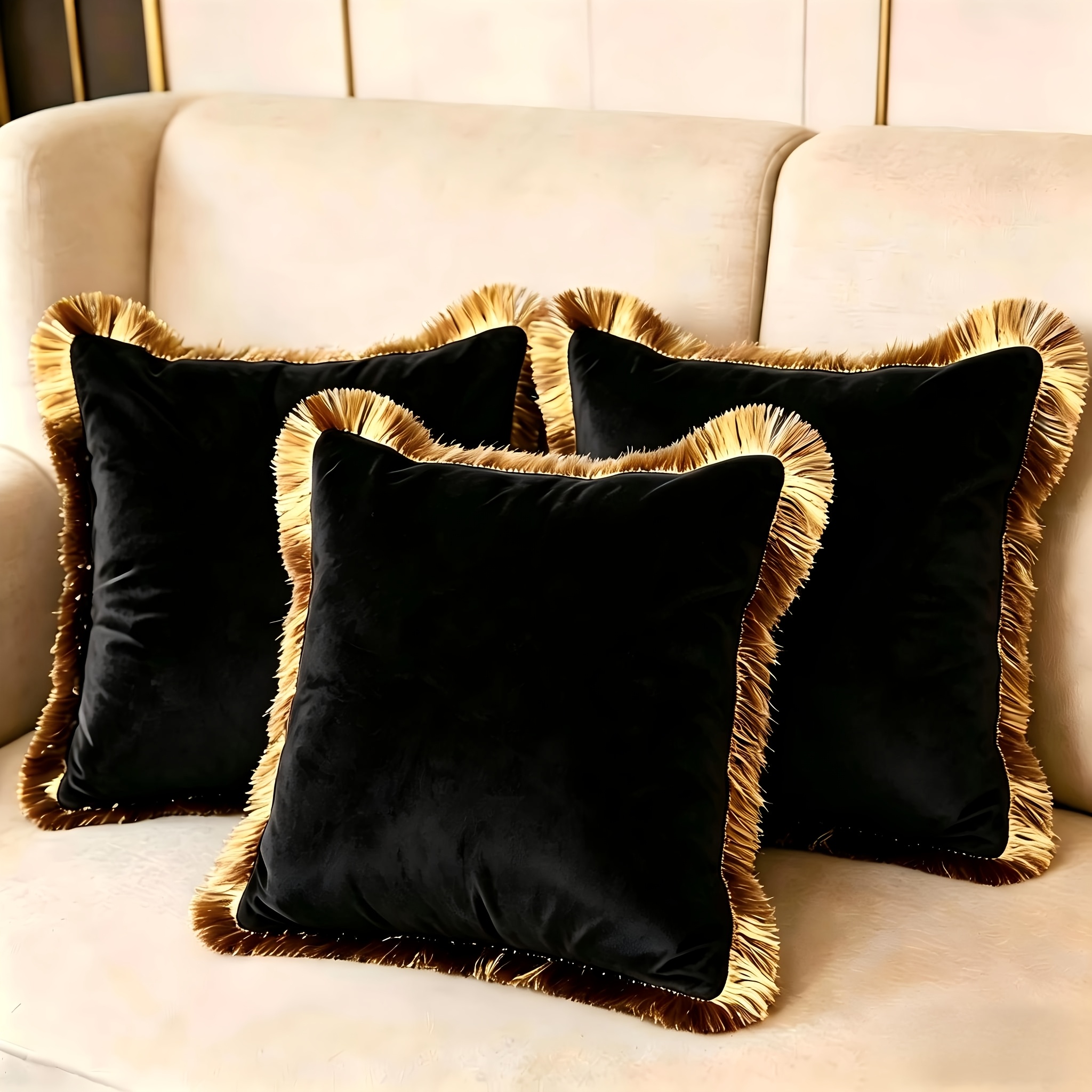 TEMU 3pcs Luxury Velvet Fringe Pillow Cover, Home Sofa Decorative Pillowcase, High-end Black And Golden Fringe, Anti Pet Hidden Zipper Closure,