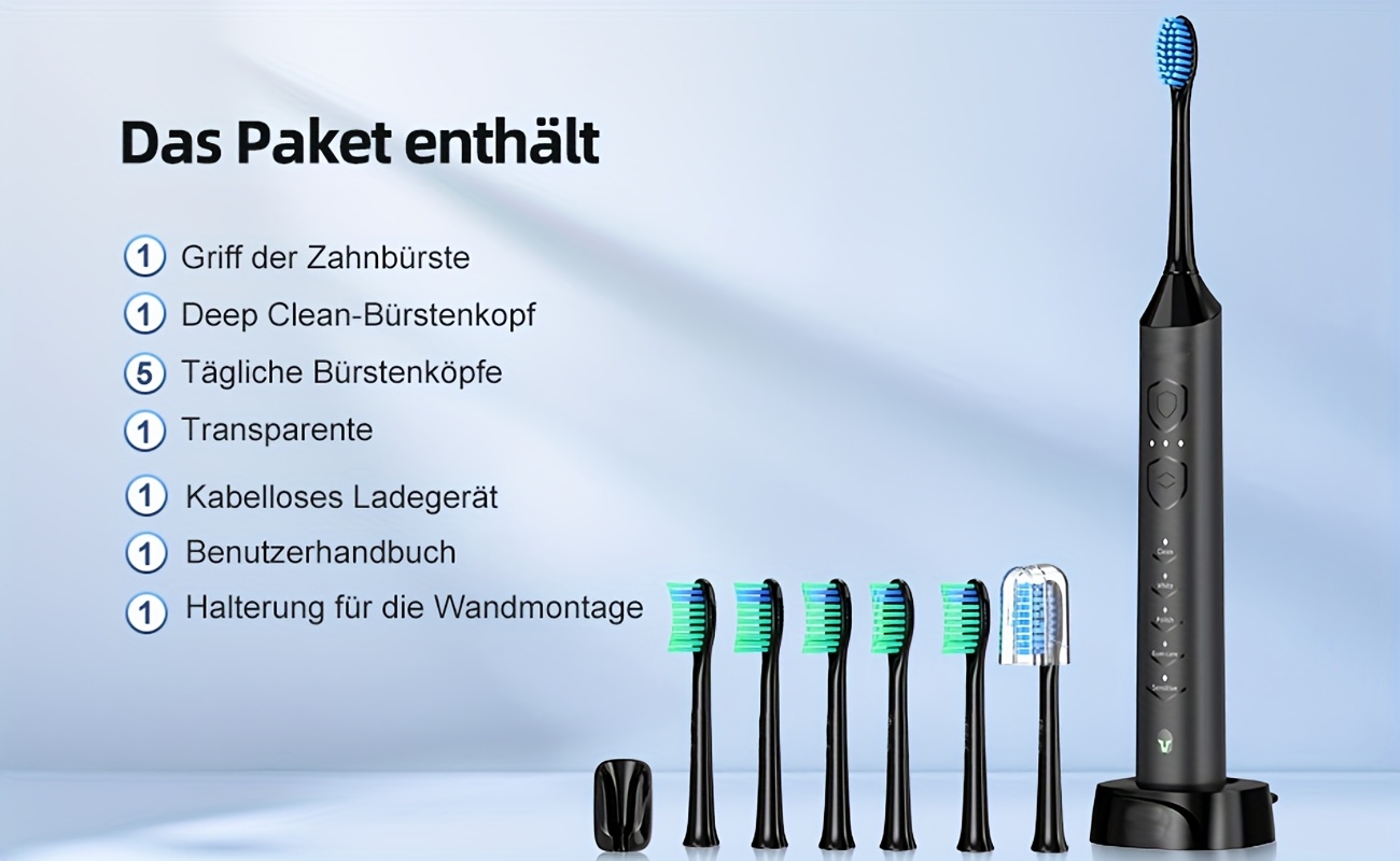 Sonic Electric Toothbrush | Rechargeable, Deep Cleaning with 5 Modes, 6 Replacement Brush Heads, USB Stand Charging, Portable, Suitable for Travel, Dormitory, Gift, Black, Pink, Blue, Gift for Parents, Couples