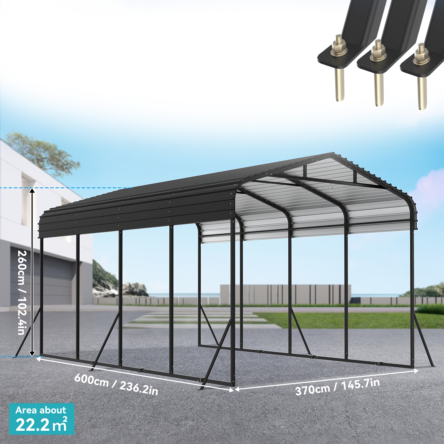 Image of 10x15/12x20ft Heavy-duty Metal Carport Garage Canopy With Reinforced Base & Steel Roof Frame - Outdoor Vehicle Shelter Suitable For Car, Motorcycles, Rv, Storage, Driveway Cover, Frame
