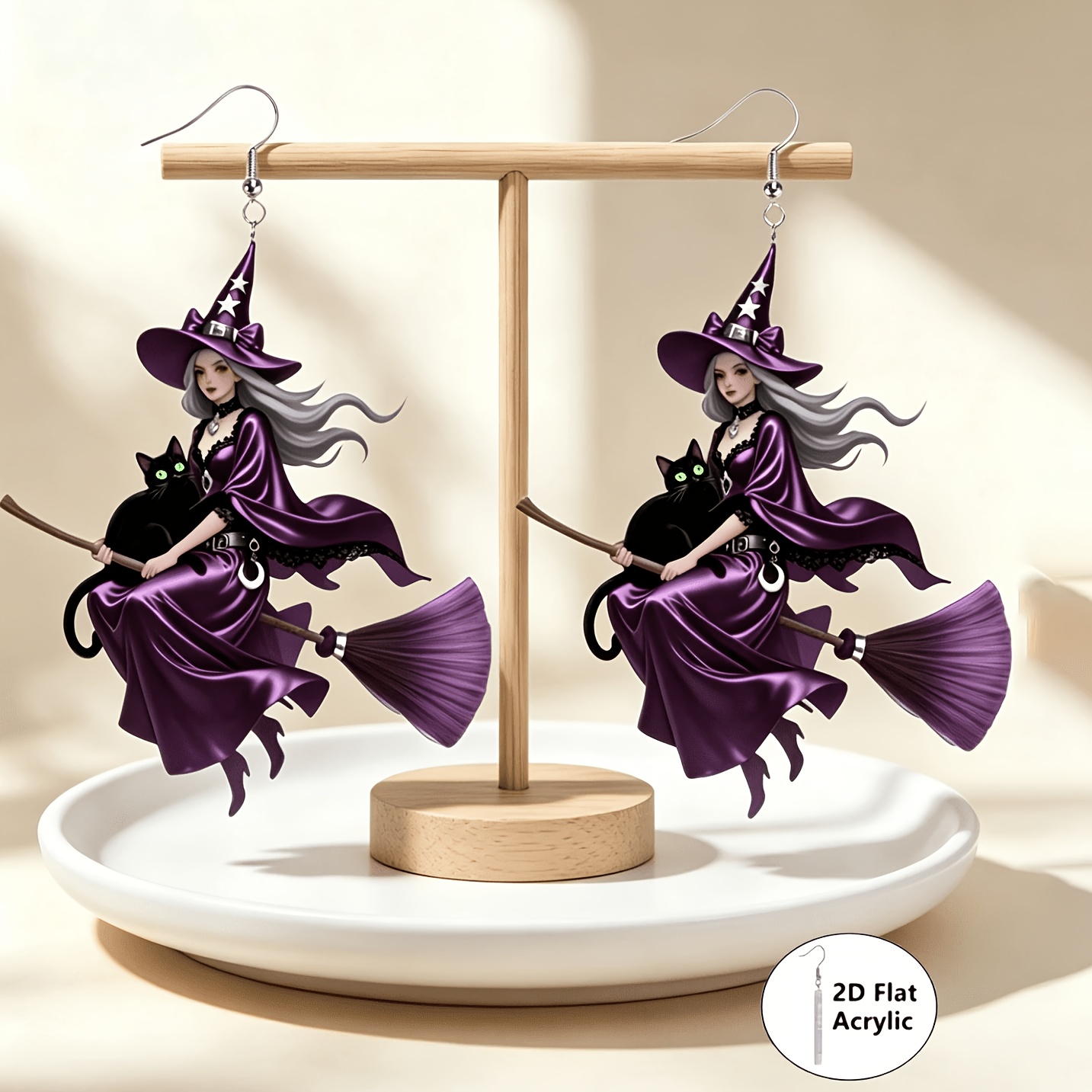 TEMU 2d Flat, 2d Flat Pair Of Purple Witch Riding Broomstick With Black Cat Acrylic Dark, Sexy, Elegant Women's Fashion Dangle Earrings, Suitable For