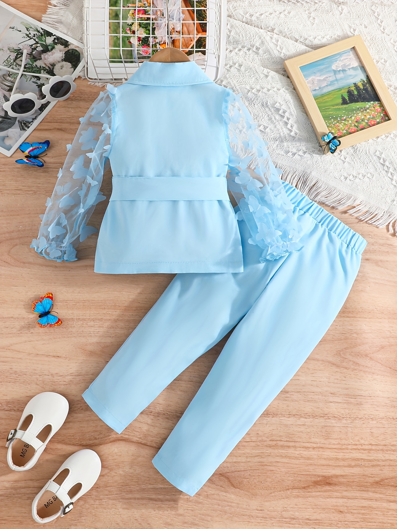 2pcs Girls' Butterfly Blazer and Solid Color Pants Set