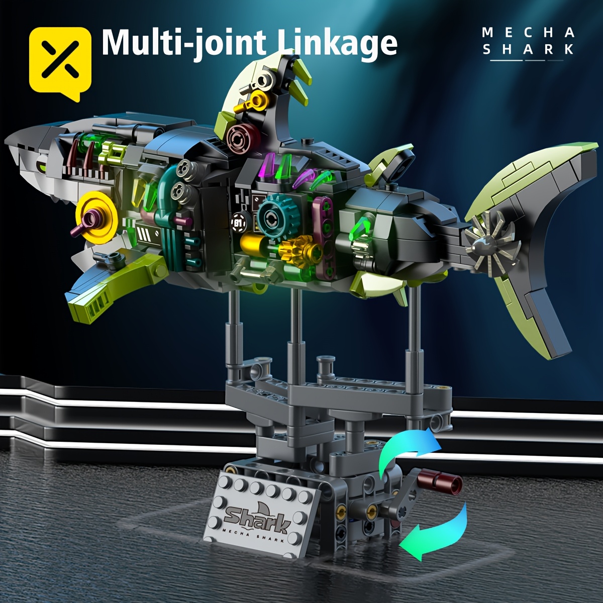 TEMU 747pcs Building Block Shark, Mechanical Shark Middle-scale Model Rotated With Abs Material, Simple Assembly Operation, Suitable As Halloween, Christmas, Thanksgiving, New Year's Day Gifts